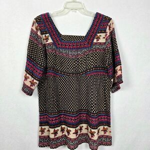 Kaktus Boho Print Tunic Top Multicolor Square Neck M